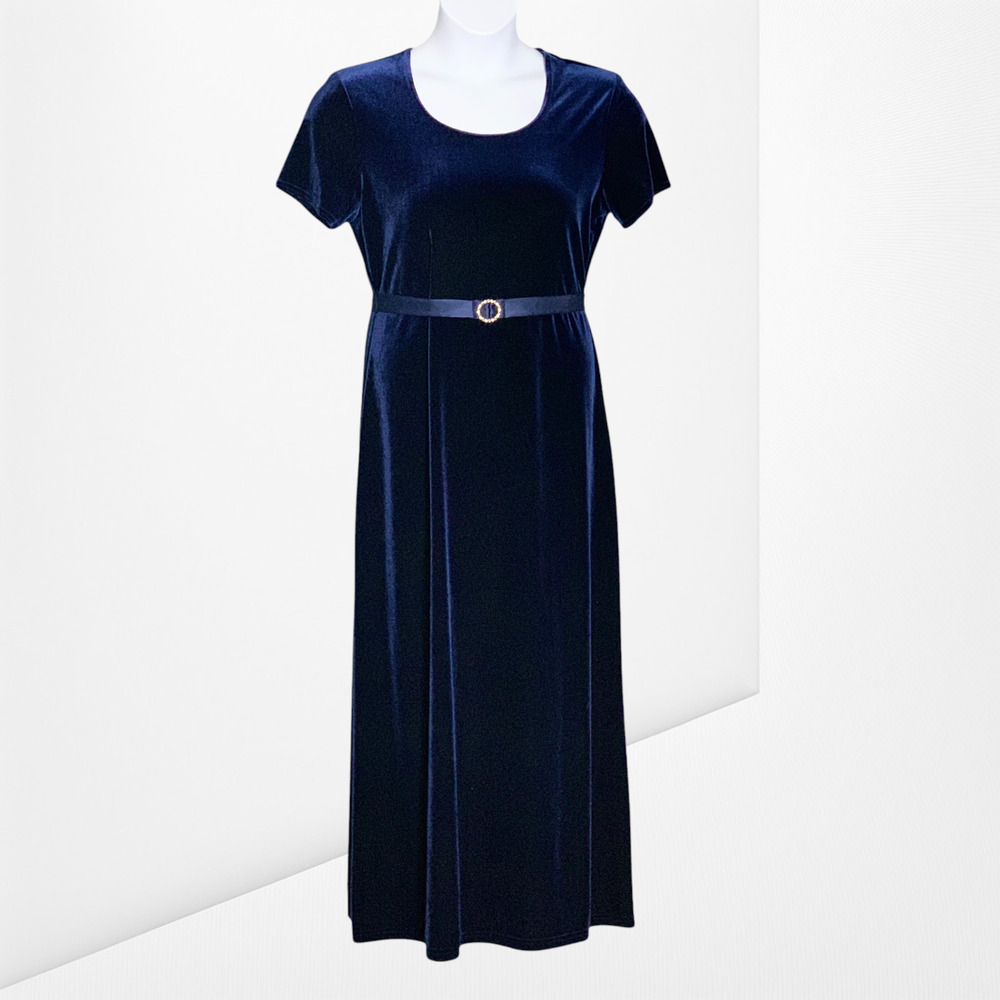 Helene Blake Blue Velvet Long Evening Dress Size 12 CZ Satin Belt Vintage NWT
